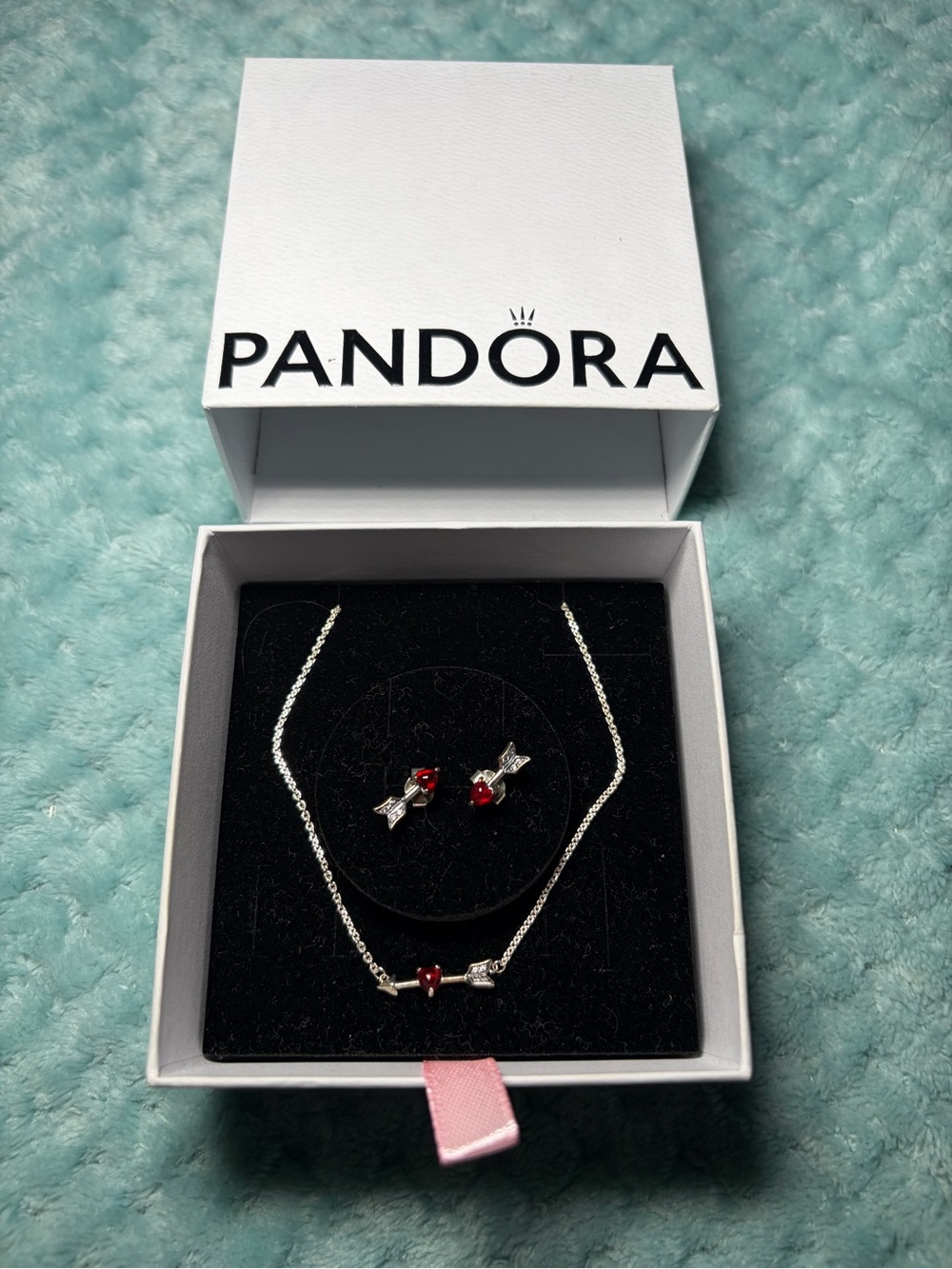 Pandora Silver Necklace and Earrings with Red Bow Accents